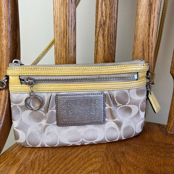 COACH Vtg Y2K Khaki Tan & Yellow POPPY Signature C Sateen Mini Crossbody Purse - Picture 1 of 16